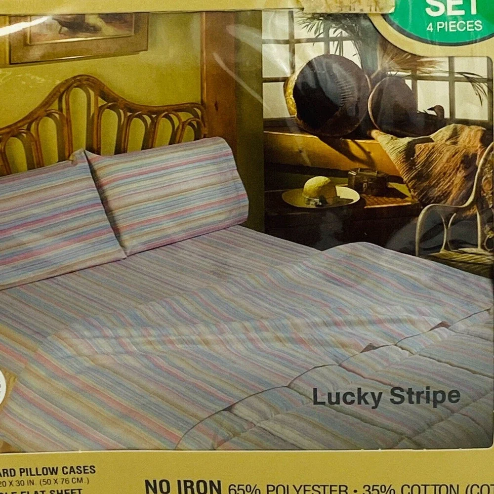 Vintage Thomaston Lucky Stripe Double Full Bed Sheet Set Pillowcases Flat Fitted